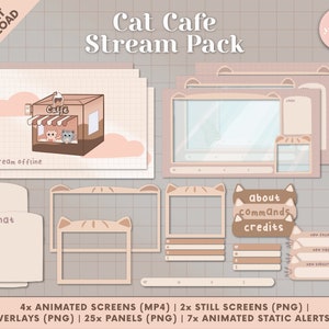 Cat/Kitty Cafe Cozy Twitch Stream Pack - Animierte Bildschirme, Overlays, Panels, animierte static Alerts, Webcam