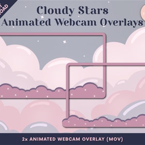 May include: Two animated webcam overlays featuring a pink and purple cloudy sky with white stars. The overlays are in a rectangular frame with a light pink border. The text "Cloudy Stars Animated Webcam Overlays" is at the top of the image. The text "2x ANIMATED WEBCAM OVERLAY (MOV)" is at the bottom of the image.