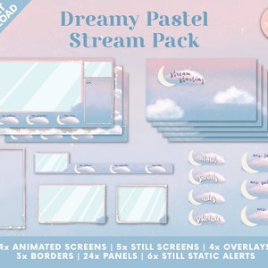 May include: A set of pastel blue and pink animated and static Twitch stream overlays featuring clouds, moons, and the text "Dreamy Pastel Stream Pack".