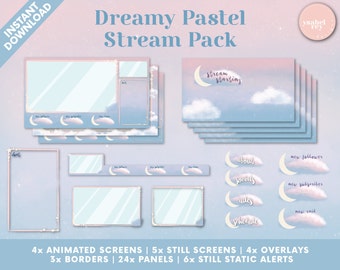 Dreamy Pastel Twitch Pack - Écrans animés, superpositions, panneaux, alertes statiques, bordures de caméra