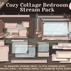 Cozy Cottage Core Bedroom Twitch Stream Pack - Animated Screens, Overlays, Panels, Animated Static Alerts, Webcam