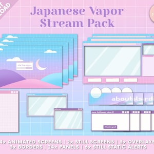 May include: A set of animated and still screens for streaming, featuring a Japanese vaporwave aesthetic. The screens include a chat window, webcam, and alerts for new followers and thank yous. The screens are designed in a pastel color scheme with a pink and blue gradient background.