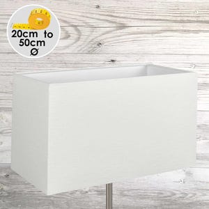 May include: A rectangular white lampshade with a textured fabric surface. A circular graphic in the upper left corner displays a yellow measuring tape and the text 20cm to 50cm Ø, indicating the available diameter range for this product.
