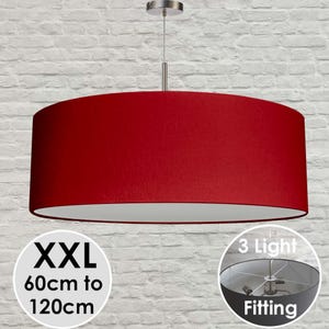 XXL Red Drum Lampshade, Cardinal Cotton Linen, 60cm-120cm Wide, 3 Light Fitting