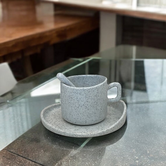 Silvery White Lavoro Mug & Saucer [4.5oz, 130ml - 7.5oz, 230ml, 13.5oz, 400ml]
