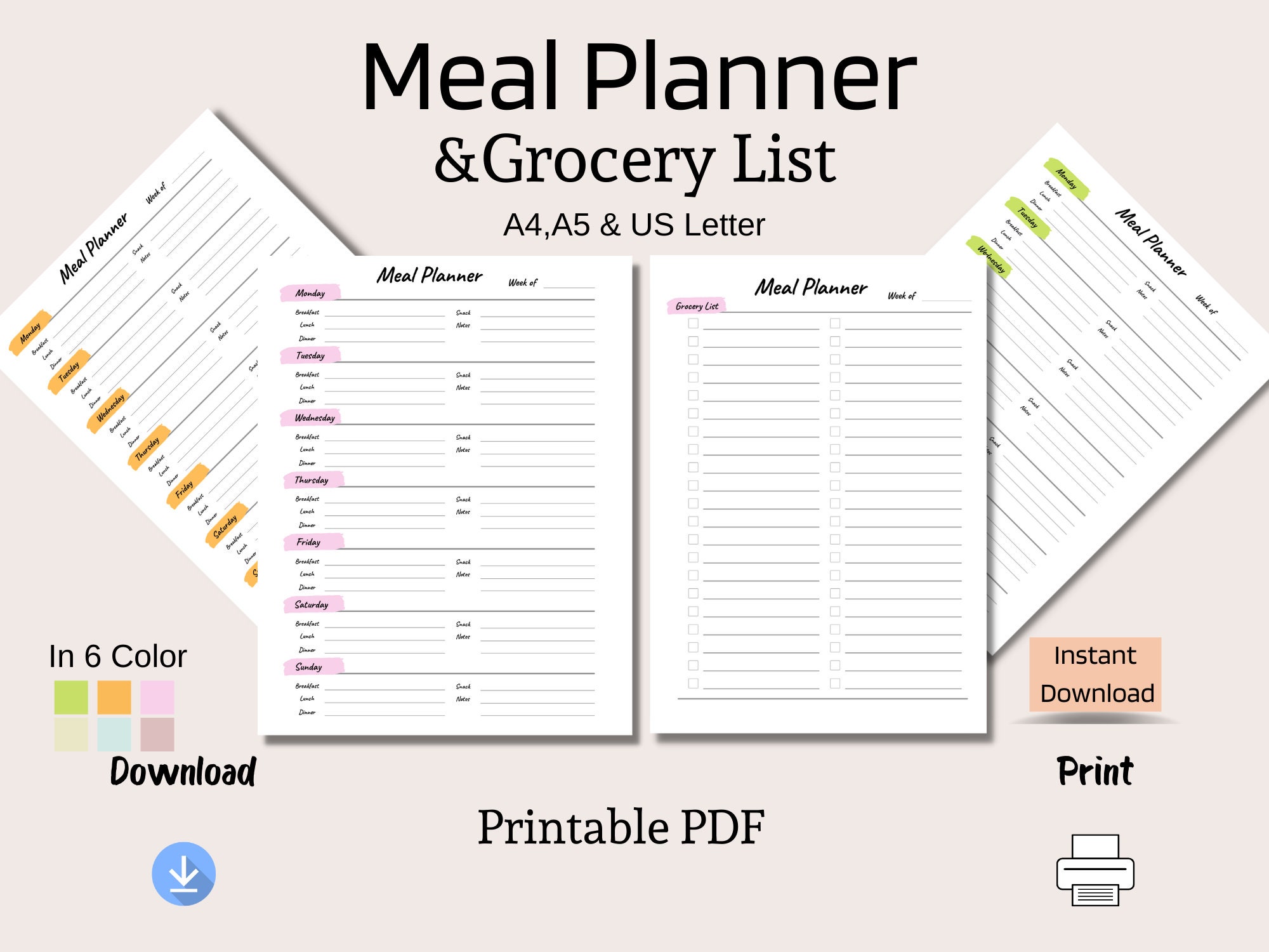 Printable Weekly Meal Planner and Grocery List Weekly Menu | Etsy