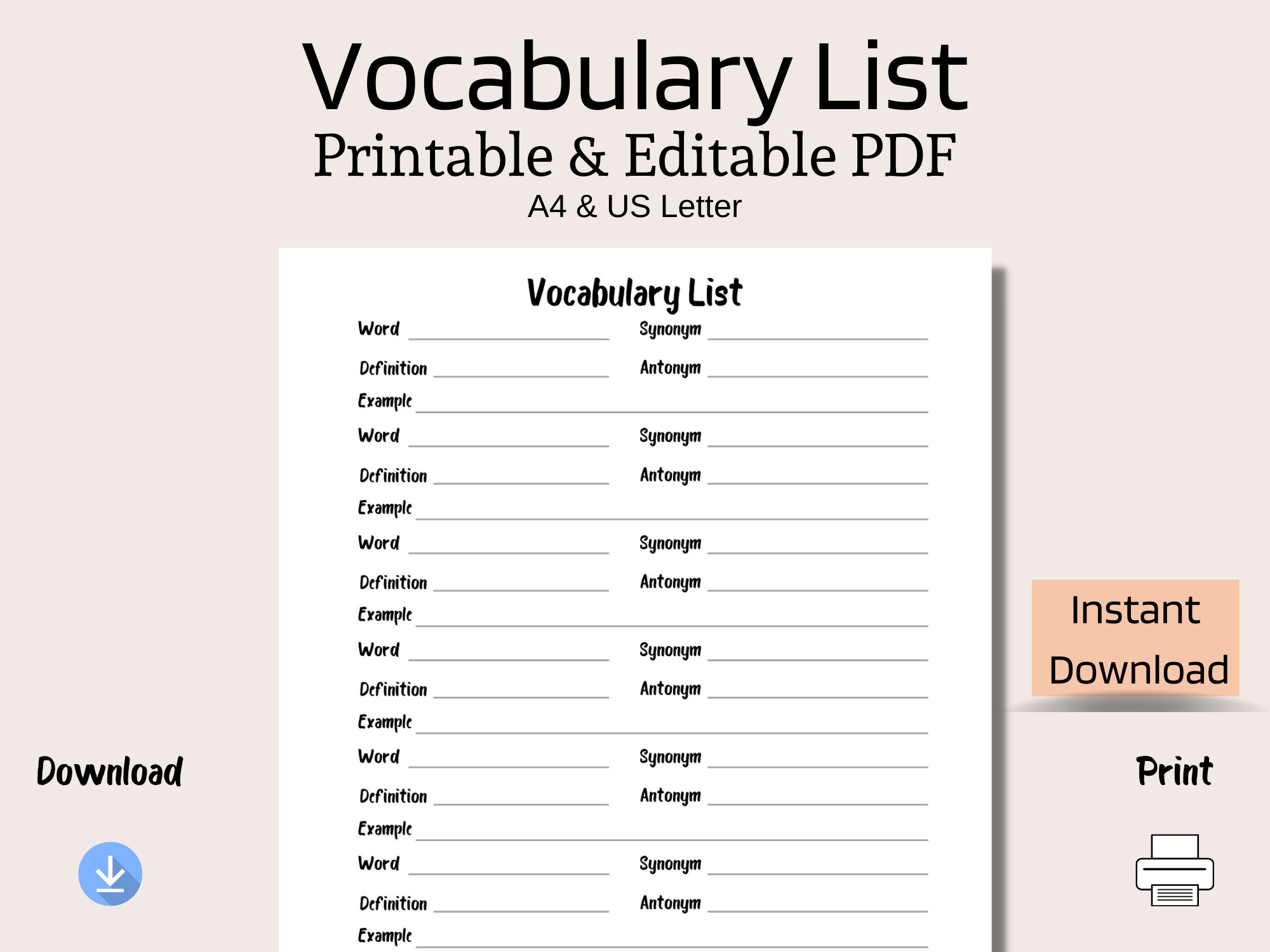 Vocabulary List Printable Fillable PDF Languge Learning - Etsy UK