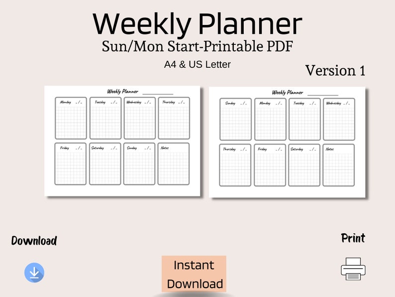 Weekly Planner Printable Landscape Minimalist Weekly Etsy