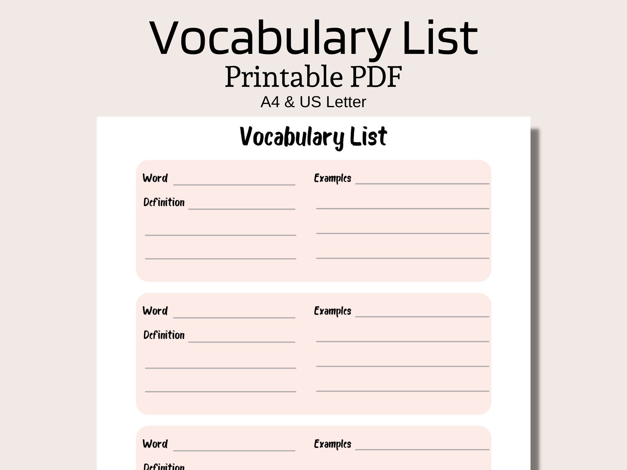 Vokabelliste Ausdruckbare PDF Languge Learning | Etsy