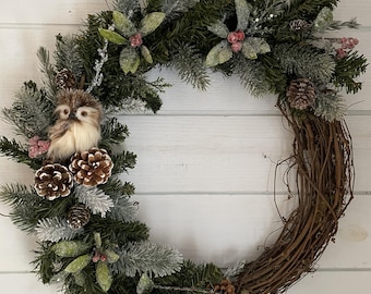 Winter Owl Wreath: Grapevine Evergreen Holiday Door Decor