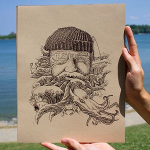 Estampe « Le vieil homme et l'océan » : Art inspiré par l'univers nautique de Bar Harbor, Maine
