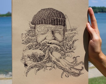Old Man and the Ocean Drawing Print: Nautical Bar Harbor Maine Inspired Art