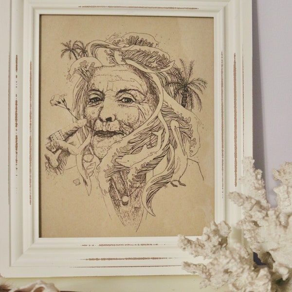 Old Woman & the Sea Drawing Print | Hidden Details | Nautical Print | 8x10 or 11x14 | Ocean Wall Art | Nautical Drawing