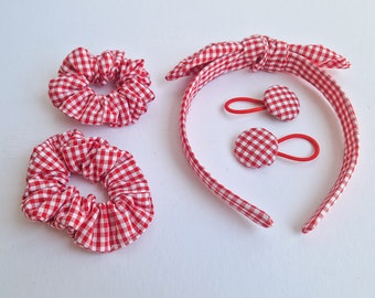 Girls School hair accessories set, Red gingham school gift set, scrunchies, hair ties and hairband gift, girl school box set