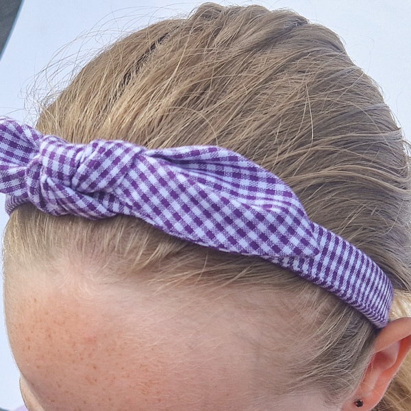Purple Gingham Alice Band with Bow. Perfect for back to school or first day at school to match school uniforms.