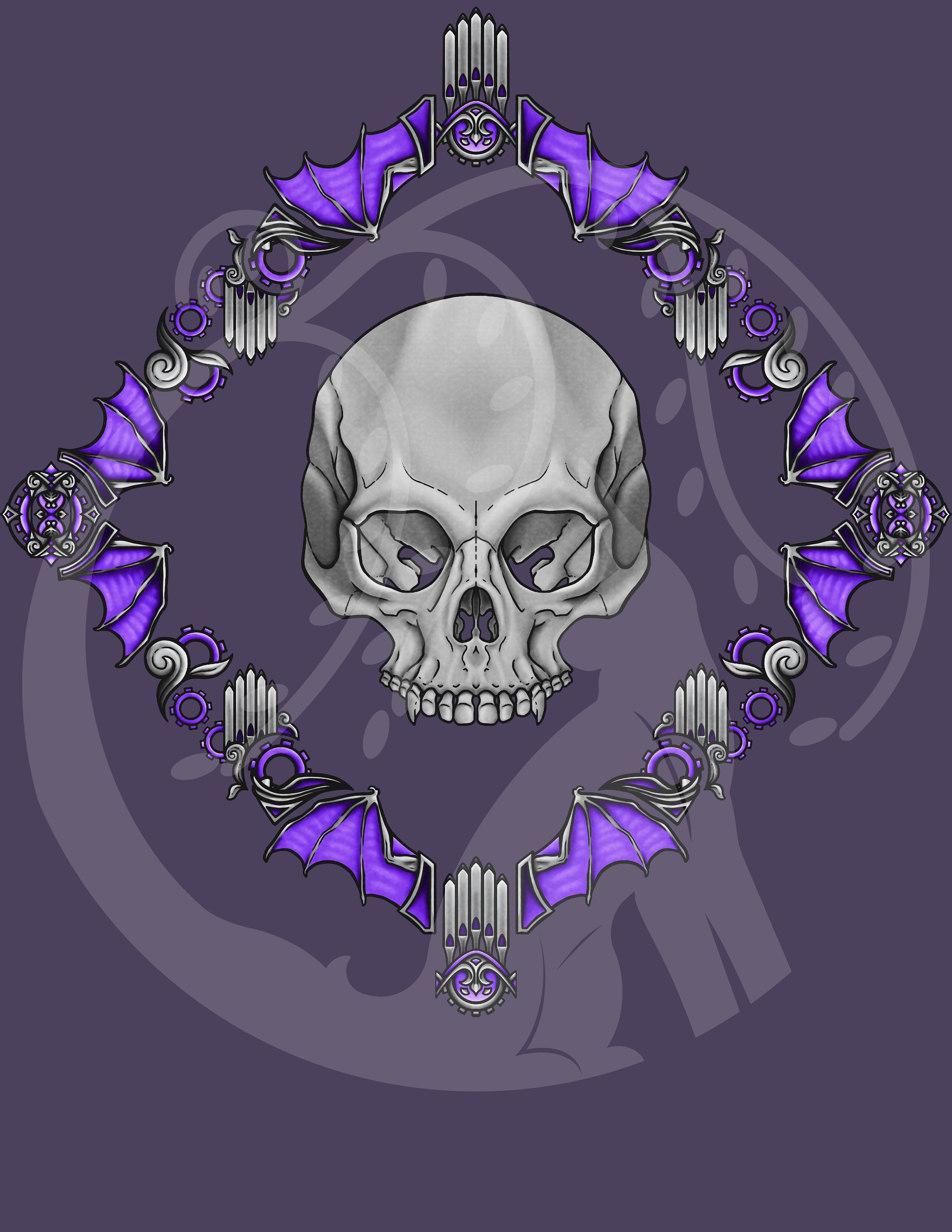 Vampire Skull purple damask Fabric Panel Etsy