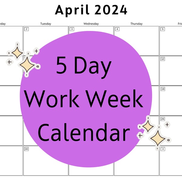 Editable 2024 Monthly Calendar - Five Day Work Week - Simple DIY Canva Template - Design & Customize - 5 Day Work Week for 12 Months