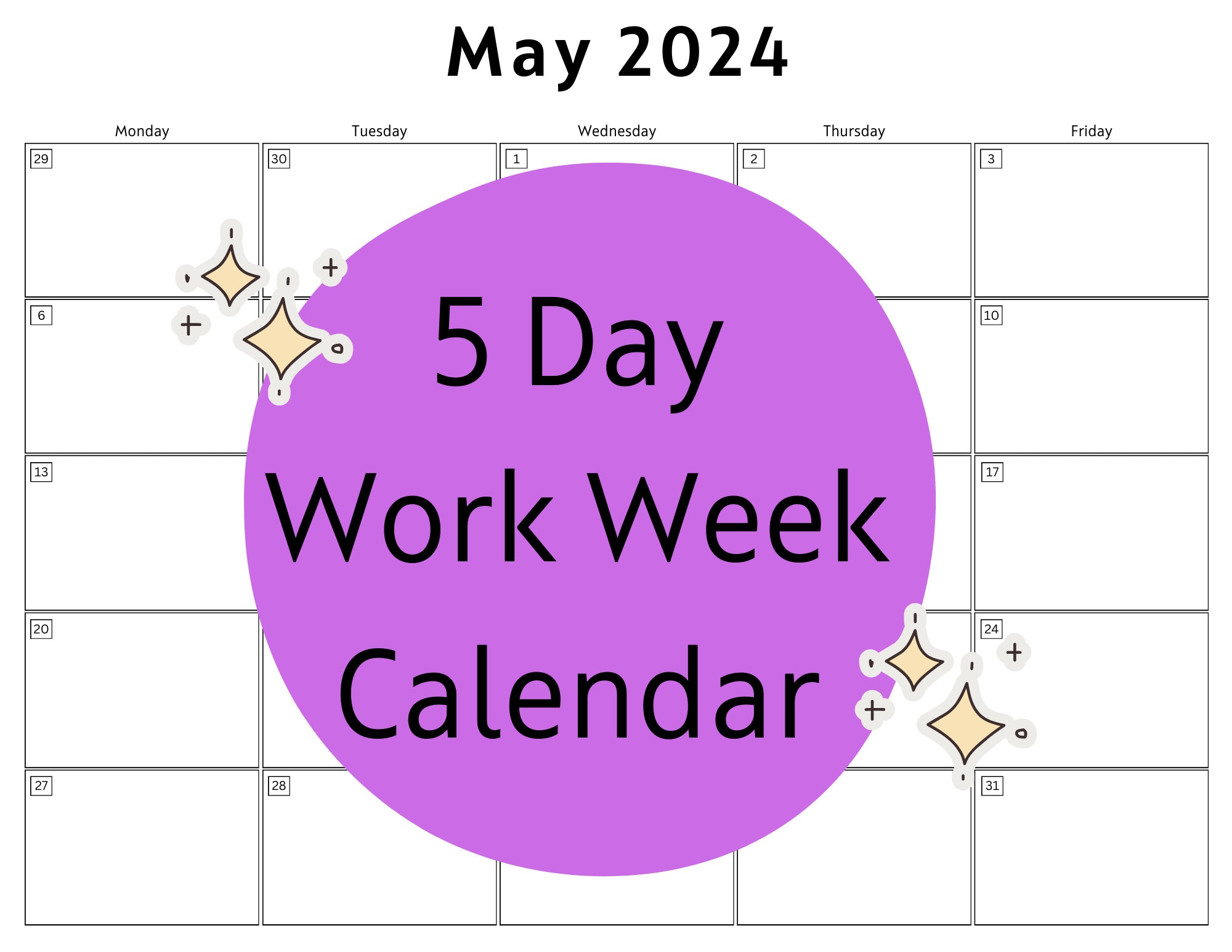Editable 2024 Monthly Calendar - Five Day Work Week - Simple DIY Canva ...