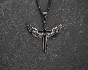 Weihnachtsgeschenke für Sie, 925er Silber Engelsflügel Schwert Halskette, Zirkonia-Anhänger