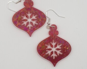 Red Holographic Christmas Ornament Earrings, Epoxy Resin, Two Styles