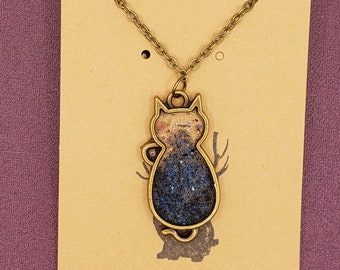Blue and Purple Shimmer Resin Cat Necklace in Antique Bronze Style Setting