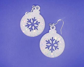 White Holographic Glitter Resin Christmas Ornament Earrings