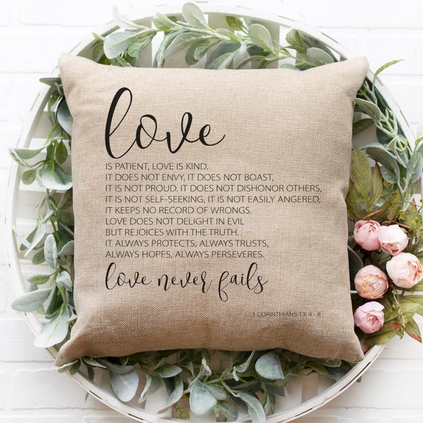 Love is Patient Pillow Cover, Inspirational Pillow Cover, 1 Corinthians 13:4-8, Bible Verse Pillow Cover, Wedding Pillow, Gift for Her