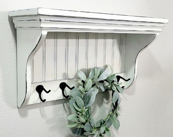 Farmhouse White Solid Wood Shelf With 5 Hooks, Entry Way Shelf, Farmhouse Coat rack, Small Space Coat Rack, Wall Coat Rack, Wood Shelf,