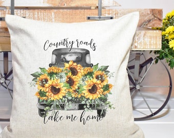 Country Roads Take Me Home Pillow Cover, Fall Farmhouse Pillow, Sunflower Pillow Cover, Fall Decorative Pillow Cover, Farmhouse Pillow Cover