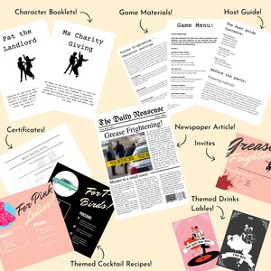 Puede incluir: Una colecci&oacute;n de art&iacute;culos de fiesta imprimibles para una fiesta con tem&aacute;tica de Grease. Los art&iacute;culos imprimibles incluyen folletos de personajes, materiales de juego, un art&iacute;culo de peri&oacute;dico, certificados, recetas de c&oacute;cteles, etiquetas de bebidas tem&aacute;ticas y una gu&iacute;a para el anfitri&oacute;n.