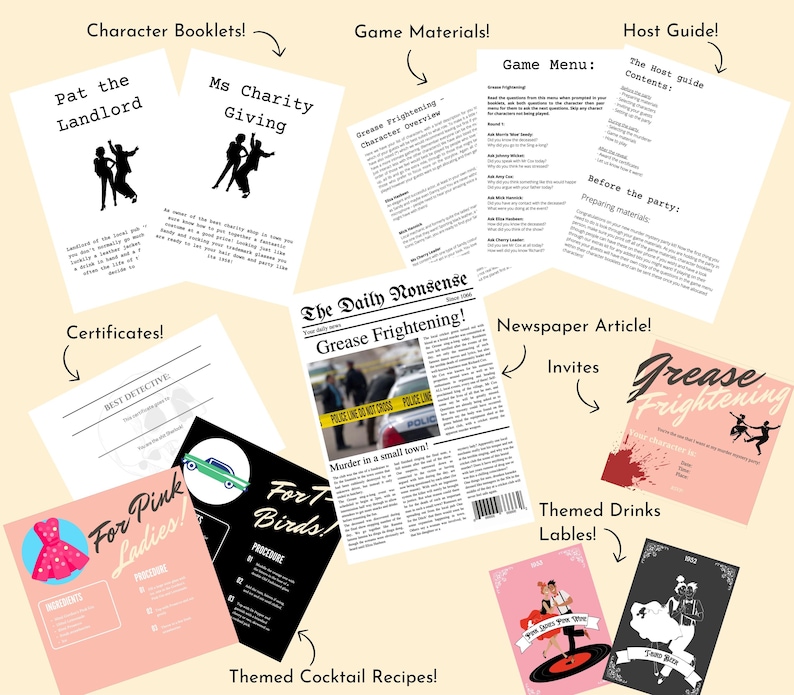 Puede incluir: Una colecci&oacute;n de art&iacute;culos de fiesta imprimibles para una fiesta con tem&aacute;tica de Grease. Los art&iacute;culos imprimibles incluyen folletos de personajes, materiales de juego, un art&iacute;culo de peri&oacute;dico, certificados, recetas de c&oacute;cteles, etiquetas de bebidas tem&aacute;ticas y una gu&iacute;a para el anfitri&oacute;n.