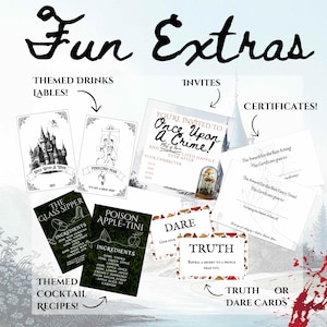 Puede incluir: Una colecci&oacute;n de extras para fiestas tem&aacute;ticas, que incluye invitaciones, certificados y tarjetas de Verdad o Reto. La imagen presenta etiquetas de bebidas tem&aacute;ticas y recetas de c&oacute;cteles, todas con un tema de cuento de hadas. Las palabras "Fun Extras" est&aacute;n en la parte superior.