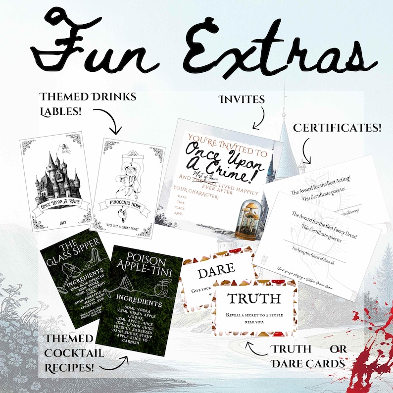 Puede incluir: Una colecci&oacute;n de extras para fiestas tem&aacute;ticas, que incluye invitaciones, certificados y tarjetas de Verdad o Reto. La imagen presenta etiquetas de bebidas tem&aacute;ticas y recetas de c&oacute;cteles, todas con un tema de cuento de hadas. Las palabras "Fun Extras" est&aacute;n en la parte superior.
