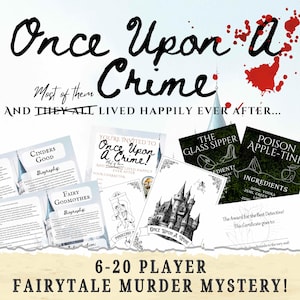 Puede incluir: Un conjunto de materiales para un juego de misterio de asesinato con tem&aacute;tica de cuento de hadas. El dise&ntilde;o presenta el texto "Once Upon a Crime" con varias tarjetas de personajes, tarjetas de invitaci&oacute;n y tarjetas de recetas de bebidas. El juego es para 6-20 jugadores.