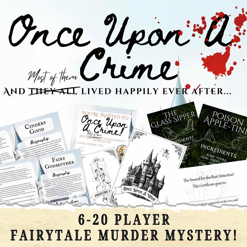 Puede incluir: Un conjunto de materiales para un juego de misterio de asesinato con tem&aacute;tica de cuento de hadas. El dise&ntilde;o presenta el texto "Once Upon a Crime" con varias tarjetas de personajes, tarjetas de invitaci&oacute;n y tarjetas de recetas de bebidas. El juego es para 6-20 jugadores.