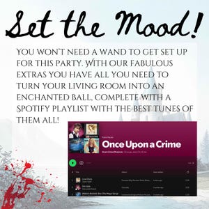Puede incluir: Imagen con el texto "Set the Mood!". Se presenta una lista de reproducci&oacute;n de Spotify titulada "Once Upon a Crime", con t&iacute;tulos de canciones como "Love Story" y "Fairytale". La imagen sugiere extras para fiestas.