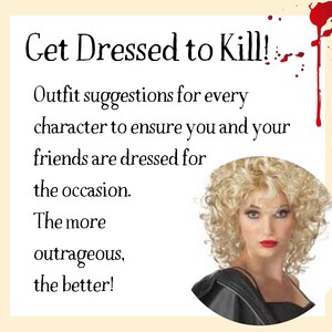 Puede incluir: Una imagen de texto con un efecto de salpicadura de sangre roja. El texto dice "Get Dressed to Kill!" e incluye la frase "Outfit suggestions for every character to ensure you and your friends are dressed for the occasion. The more outrageous, the better!"