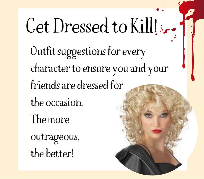Puede incluir: Una imagen de texto con un efecto de salpicadura de sangre roja. El texto dice "Get Dressed to Kill!" e incluye la frase "Outfit suggestions for every character to ensure you and your friends are dressed for the occasion. The more outrageous, the better!"