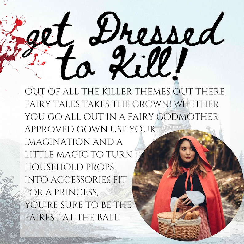 Puede incluir: Imagen con el texto "get Dressed to Kill!" y una mujer con una capa con capucha roja sosteniendo una cesta. El texto a continuaci&oacute;n trata sobre temas de cuentos de hadas y la transformaci&oacute;n de accesorios dom&eacute;sticos en accesorios.