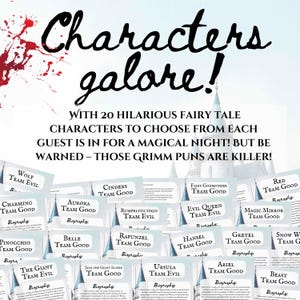 Puede incluir: Un juego con el texto "Characters galore!" y el lema "Con 20 personajes de cuentos de hadas hilarantes para elegir." El juego presenta cartas con nombres de personajes como "Wolf Team Evil" y "Cinders Team Good."