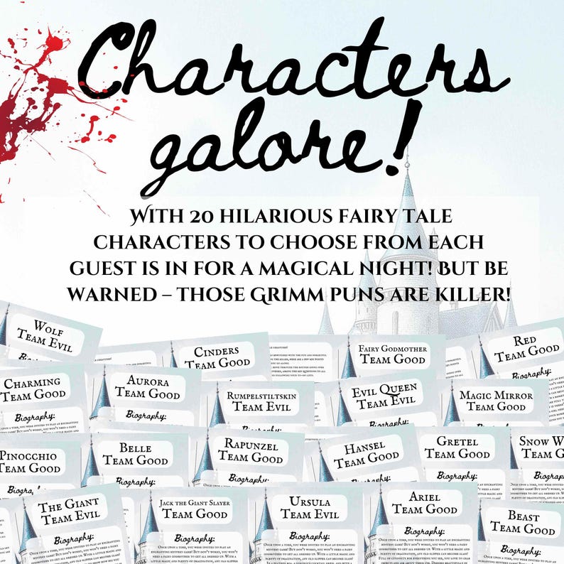Puede incluir: Un juego con el texto "Characters galore!" y el lema "Con 20 personajes de cuentos de hadas hilarantes para elegir." El juego presenta cartas con nombres de personajes como "Wolf Team Evil" y "Cinders Team Good."