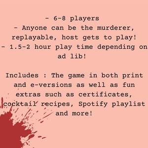 Puede incluir: Un fondo rosa con texto negro que describe un juego de misterio de asesinato. El texto dice "6-8 jugadores", "Cualquiera puede ser el asesino, rejugable, &iexcl;el anfitri&oacute;n puede jugar!" y "&iexcl;1,5-2 horas de juego dependiendo de la improvisaci&oacute;n!" El texto tambi&eacute;n dice "Incluye: El juego tanto en versi&oacute;n impresa como digital, as&iacute; como extras divertidos como certificados, recetas de c&oacute;cteles, lista de reproducci&oacute;n de Spotify y m&aacute;s!"