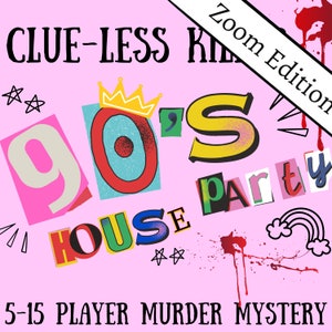 Vestido de los 90/Fiesta Zoom de los 90/Fiesta de misterio de asesinato para adultos/Caja de misterio de asesinato/Descarga digital instantánea/Misterio de asesinato/5-15 jugadores/Juego de rol