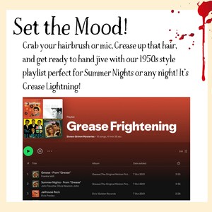Puede incluir: Una captura de pantalla de una lista de reproducci&oacute;n de Spotify titulada "Grease Frightening" con 15 canciones y una duraci&oacute;n total de 41 minutos y 35 segundos. La lista de reproducci&oacute;n incluye canciones de la pel&iacute;cula "Grease" como "Grease - From "Grease"" y "Summer Nights - From "Grease"".