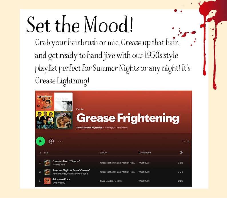 Puede incluir: Una captura de pantalla de una lista de reproducci&oacute;n de Spotify titulada "Grease Frightening" con 15 canciones y una duraci&oacute;n total de 41 minutos y 35 segundos. La lista de reproducci&oacute;n incluye canciones de la pel&iacute;cula "Grease" como "Grease - From "Grease"" y "Summer Nights - From "Grease"".