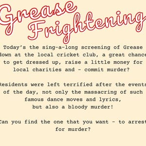 Puede incluir: Un p&oacute;ster con texto rojo que dice "Grease Frightening!" El p&oacute;ster anuncia una proyecci&oacute;n cantada de la pel&iacute;cula Grease en un club de cricket local. El p&oacute;ster tambi&eacute;n menciona que el evento es una oportunidad para recaudar dinero para organizaciones ben&eacute;ficas locales.