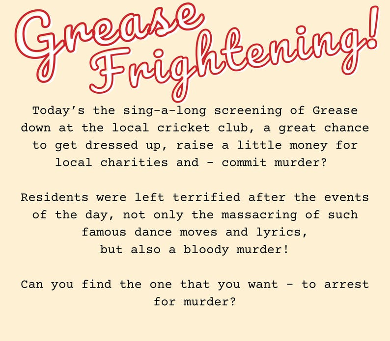 Puede incluir: Un p&oacute;ster con texto rojo que dice "Grease Frightening!" El p&oacute;ster anuncia una proyecci&oacute;n cantada de la pel&iacute;cula Grease en un club de cricket local. El p&oacute;ster tambi&eacute;n menciona que el evento es una oportunidad para recaudar dinero para organizaciones ben&eacute;ficas locales.