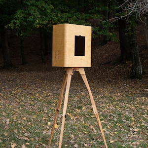 Könnte beinhalten: Eine hellfarbene Holzkiste mit rechteckiger Öffnung und einer Reihe kleiner Löcher an der Seite, montiert auf einem Holzstativ. Die Kiste steht im Freien auf einer Wiese mit Herbstlaub, mit einer Kulisse aus Bäumen.