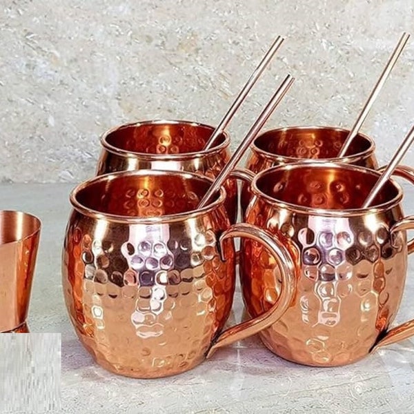Moskauer Mule-Kupferbecher 4er-Set, massiver Kupfer, handgefertigte Kupferbecher für Moskauer Mule-Cocktail 16-Unzen-Schnapsglas inklusive, 4 Kupferbecher