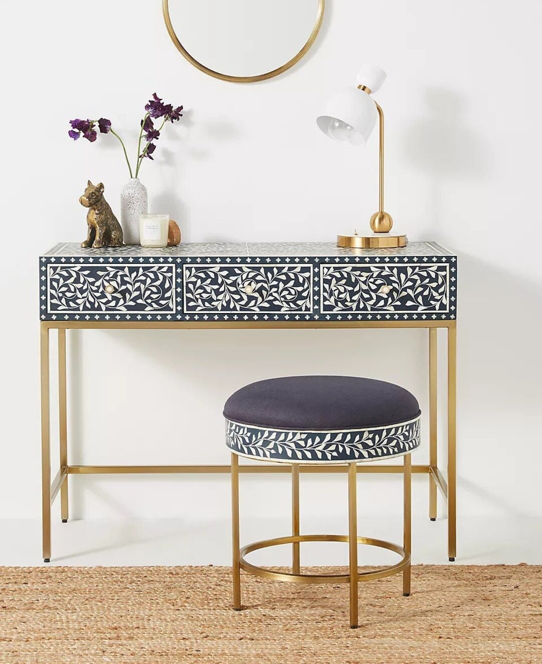 Blue Scroll Vine Inlay Vanity Table, Bone Inlay Vanity Console, Bone ...